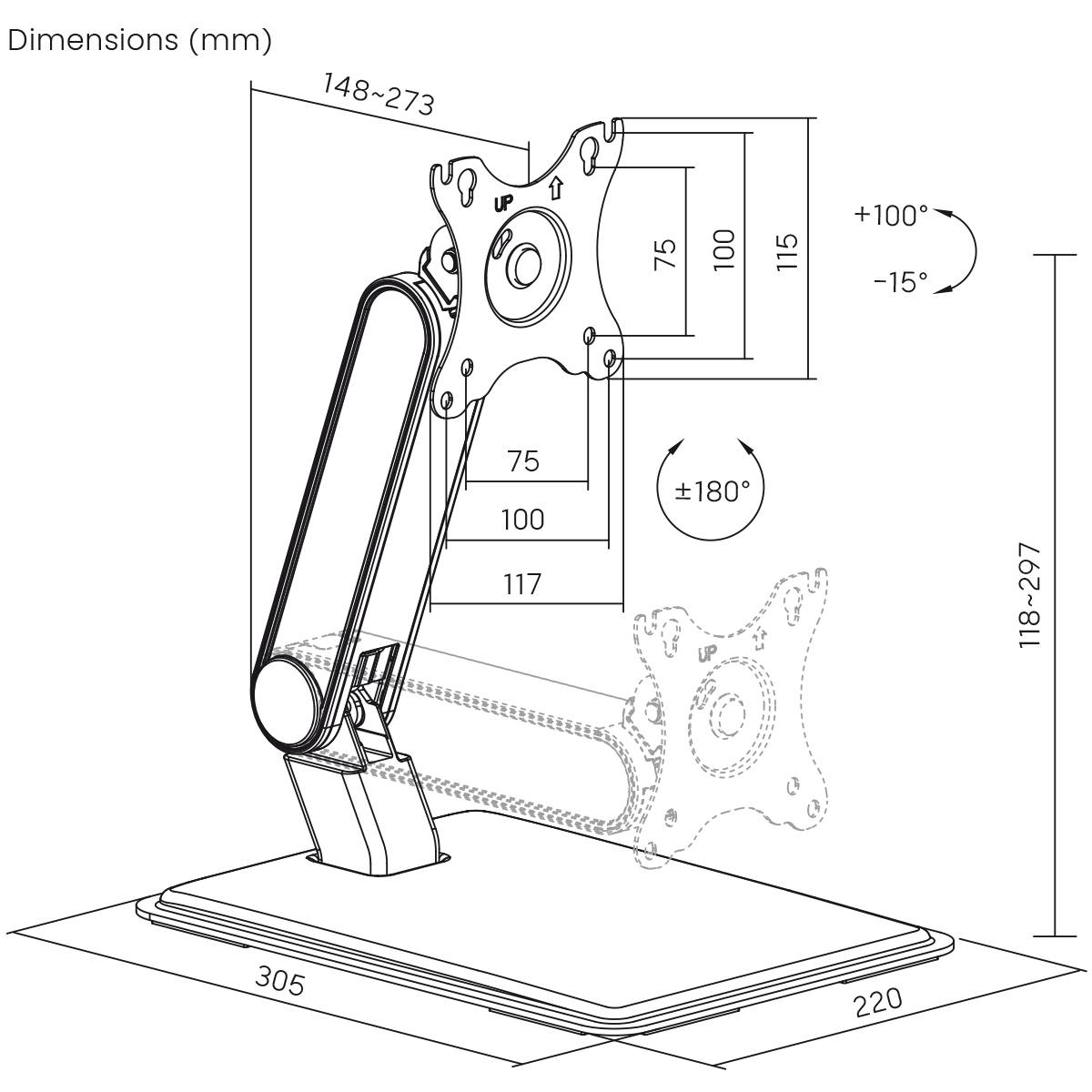 Nastaviteľné rameno monitora s rozmermi v milimetroch. Náklon od +100° do -15°, rotácia ±180°. Výška: 118–297 mm, hĺbka: 148–273 mm.