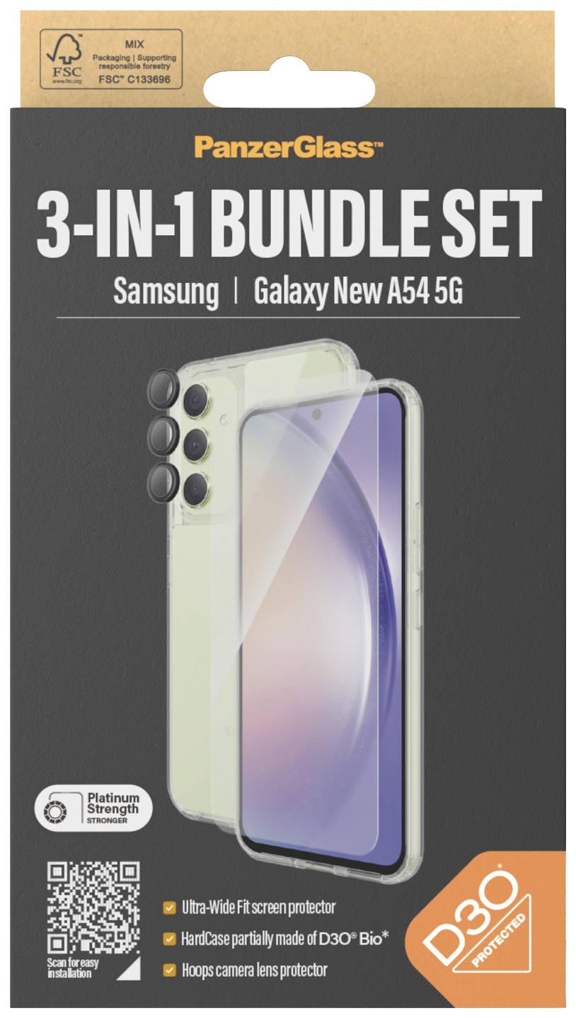 PanzerGlass 3-IN-1-Balenie pre Samsung Galaxy New A54 5G. Obsahuje ultra-širokoplošnú ochranu obrazovky, kryt čiastočne vyrobený z D3O Bio.