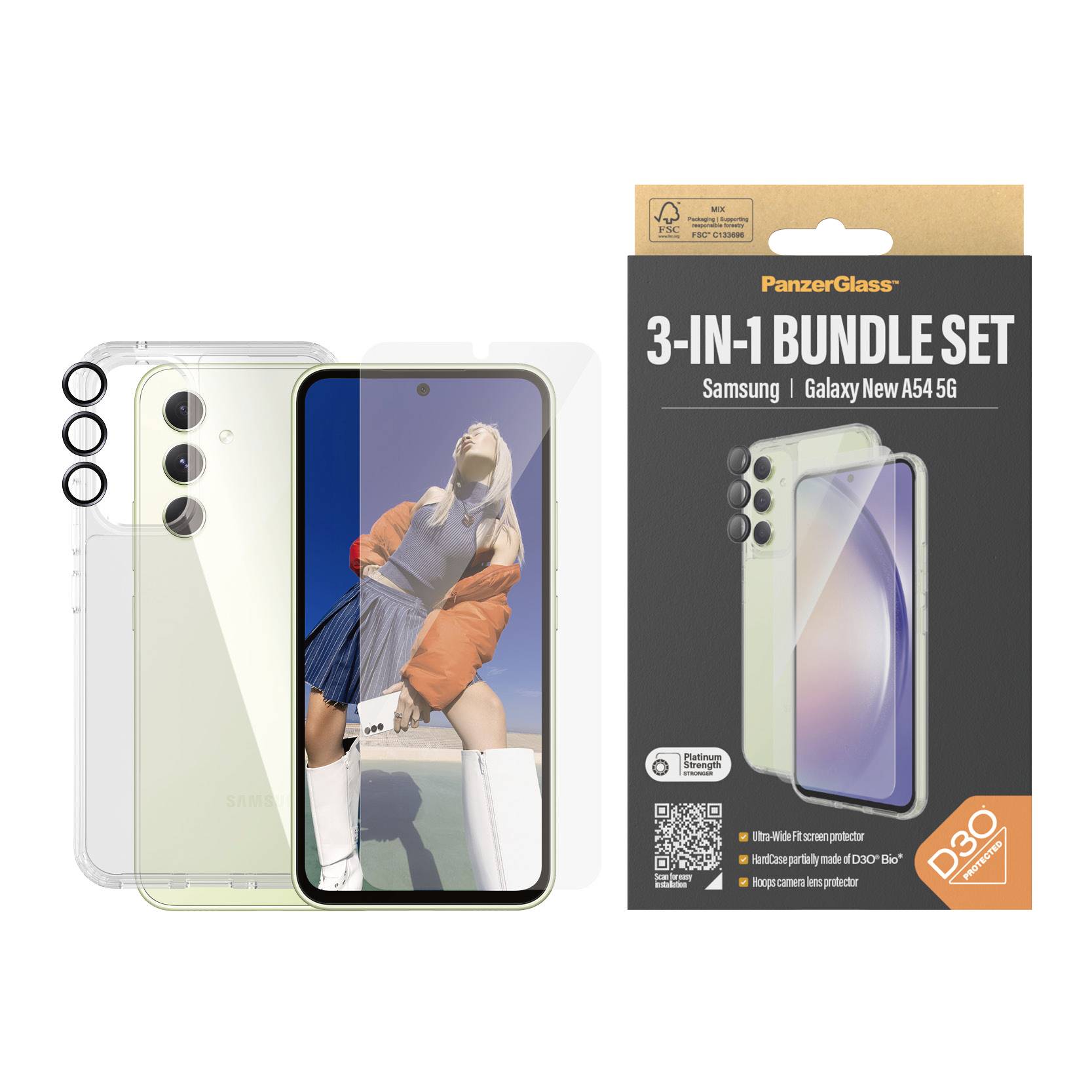 '3-v-1 Komplexná sada' pre Samsung Galaxy A54 5G. Obsahuje ochranu displeja z tvrdeného skla, ochranu fotoaparátu a kryt. Prezentácia dizajnu produktu a balenia.