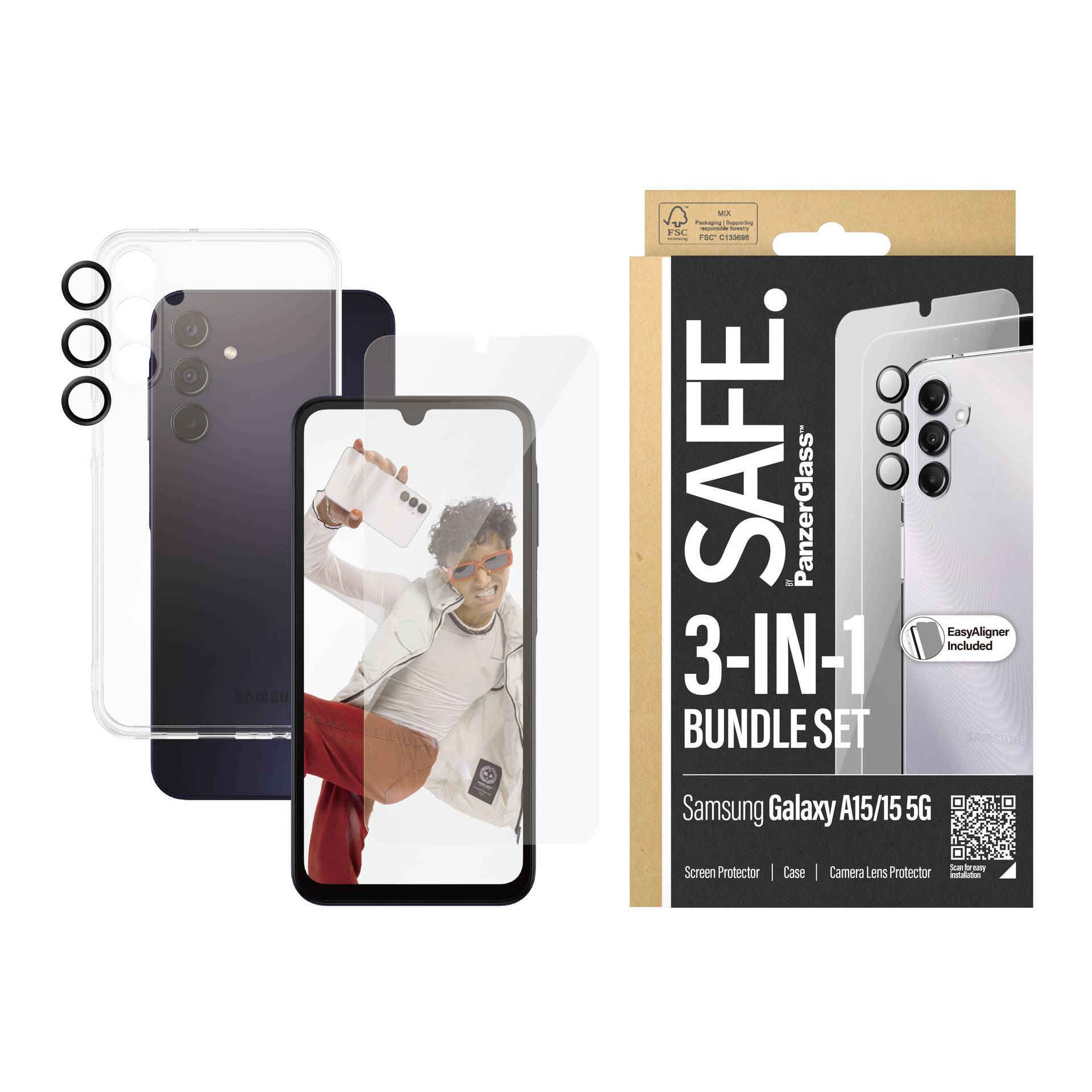 Sada príslušenstva pre smartfón Samsung Galaxy A15/F15 5G. Obsahuje priesvitnú ochranný kryt, ochranné krúžky na objektívy fotoaparátu a ochrannú fóliu.
