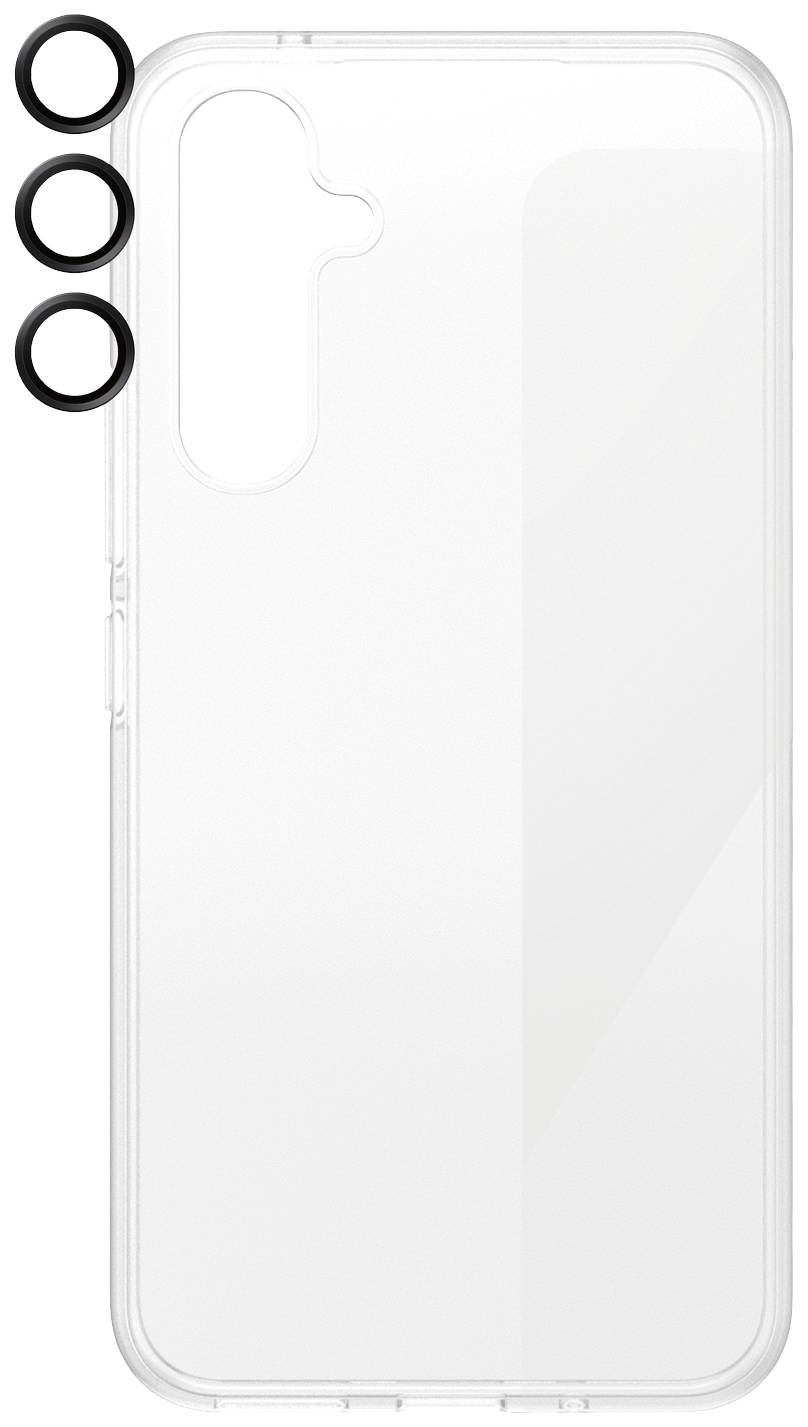 Priehľadný kryt na mobil s otvormi pre tri objektívy fotoaparátu v hornej ľavej časti.