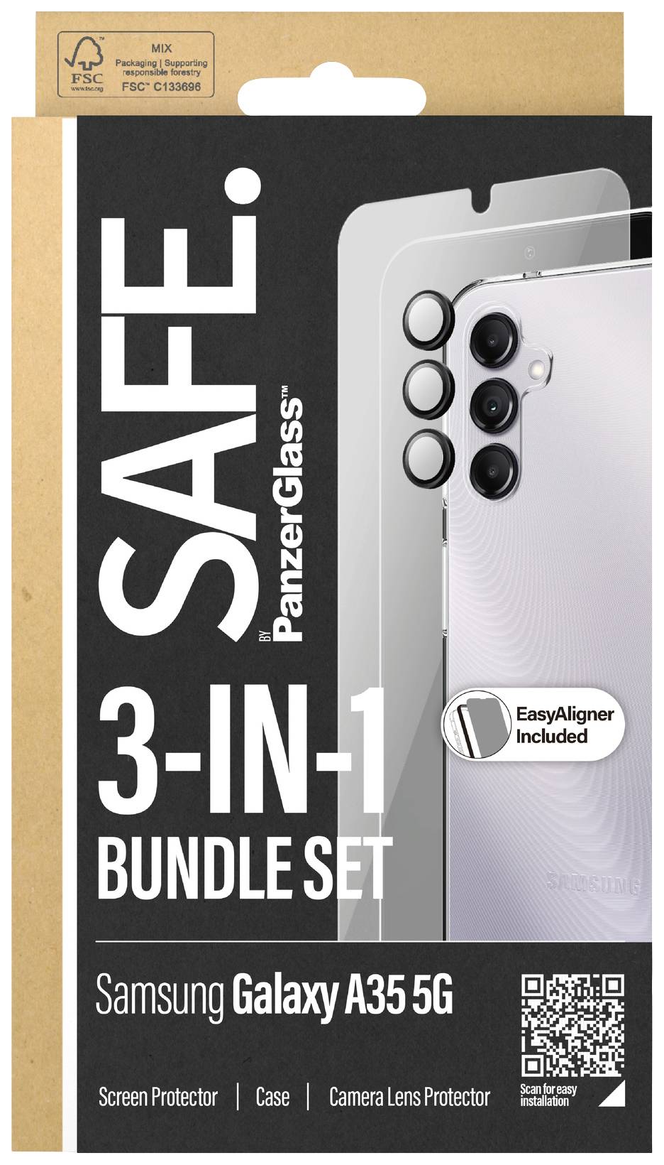 'BEZPEČNÝ. 3-V-1 SÚPRAVA pre Samsung Galaxy A35 5G' obsahuje ochranu displeja, kryt a ochranu objektívu kamery. 'EasyAligner je súčasťou balenia'.