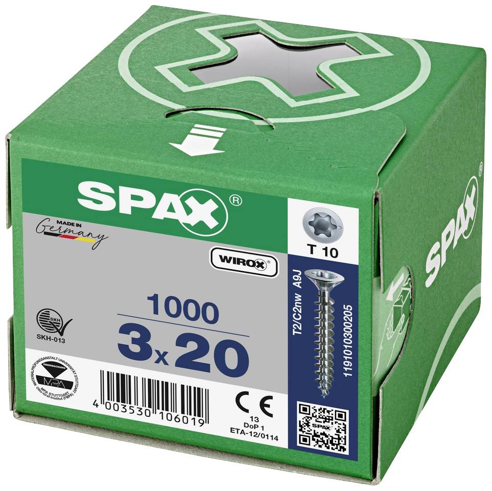 Kartón s 1000 skrutkami SPAX, veľkosť 3x20 mm. Označenie 'Made in Germany'. Obal zobrazuje skrutky a informácie o výrobcovi.