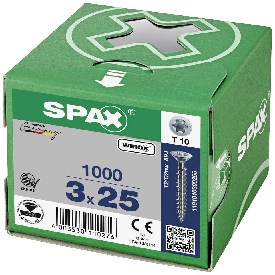 Zelená škatuľa s nápisom 'SPAX', obsahuje 1000 skrutiek, veľkosť 3x25 mm. Skrutka a logo sú zobrazené.