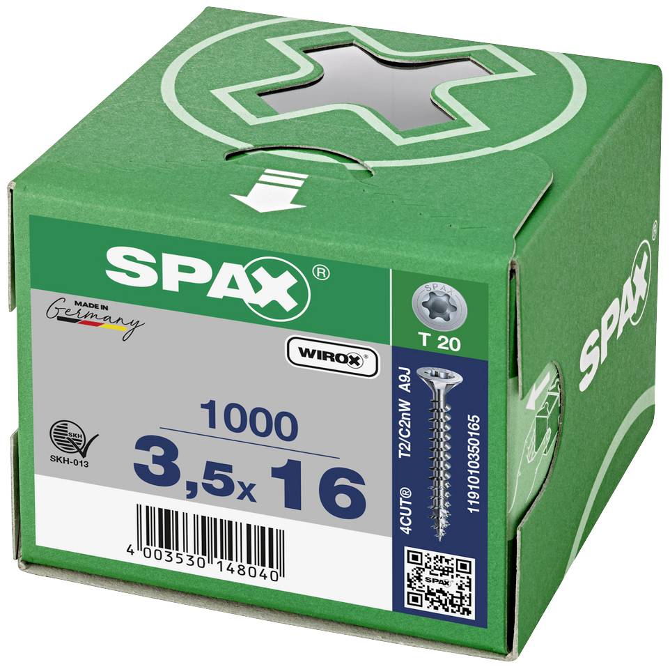 Kartón so 1000 skrutkami značky SPAX, veľkosť 3,5x16 mm, vyrobené v Nemecku. Skrutky sú vhodné pre bit T20.