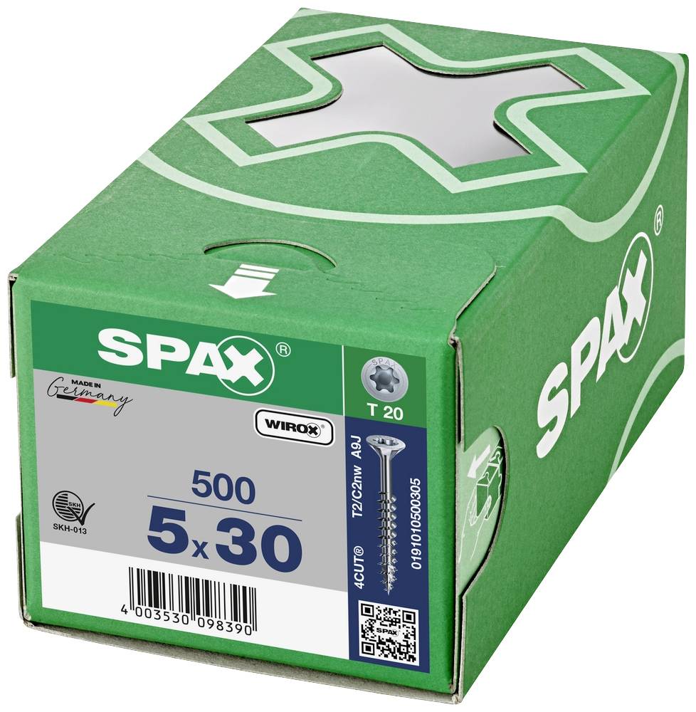 Zelená škatuľa s logom 'SPAX', obsahuje 500 skrutiek veľkosti 5x30. Potlač 'Made in Germany' a produktové informácie sú viditeľné.