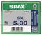 Zelený balíček s nápisom 'SPAX'. Obsahuje 500 skrutiek veľkosti 5x30 mm. Vyrobené v Nemecku. QR kód v spodnom pravom rohu.