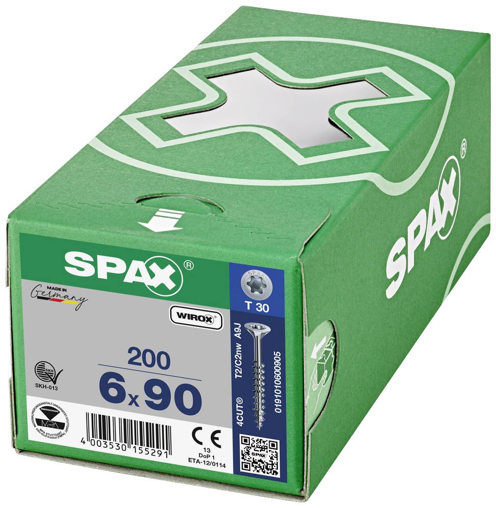Zelený obal skrutiek SPAX, 6x90 mm, 200 kusov. Zobrazuje špecifikácie značky a produktu, ako aj kvalitatívne označenia.