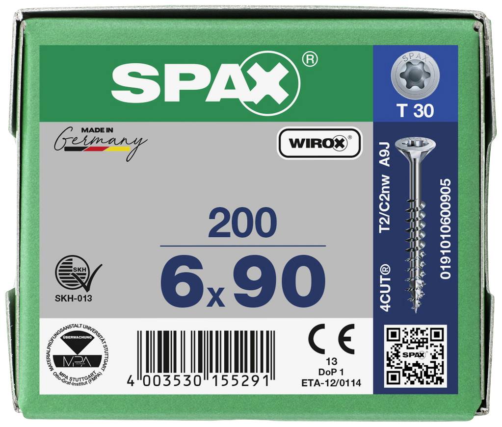 Škatuľa so skrutkami s nápisom 'SPAX', veľkosť '6 x 90', množstvo '200', vhodné pre drevo. V pravom hornom rohu je zobrazený QR kód.