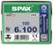 Obal 100-kusového balenia SPAX skrutiek, veľkosť 6x100mm, s T30 pohonom, 'Vyrobené v Nemecku'. Obsahuje čiarový kód a QR kód.