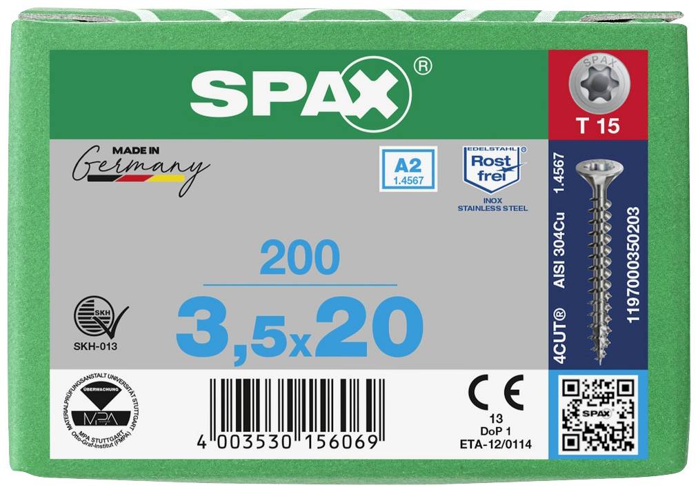 SPAX skrutky 3,5x20 mm v balení, A2 nehrdzavejúca oceľ, nehrdzavejúce. Obsahuje 200 kusov. Vyrobené v Nemecku. QR kód a čiarové kódy viditeľné.
