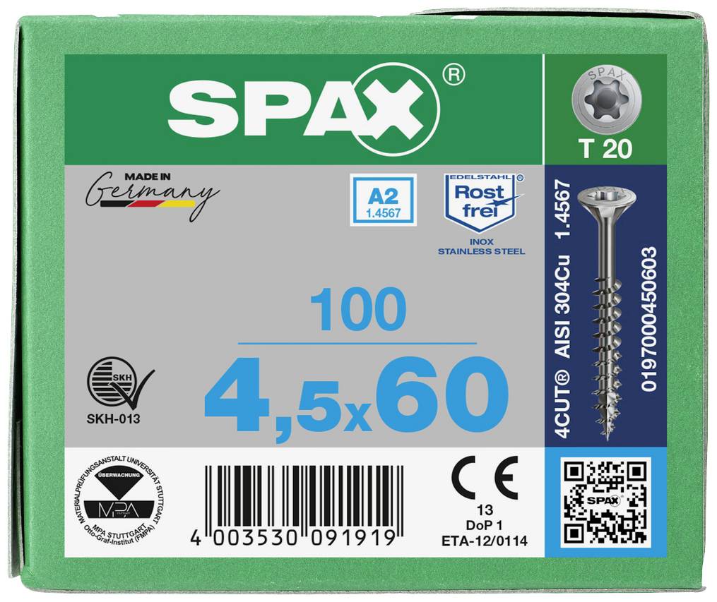 Škatuľa so 100 nehrdzavejúcimi skrutkami, veľkosť 4,5x60 mm. Obsahuje QR kód, bezpečnostné a environmentálne symboly. Značka 'SPAX'.