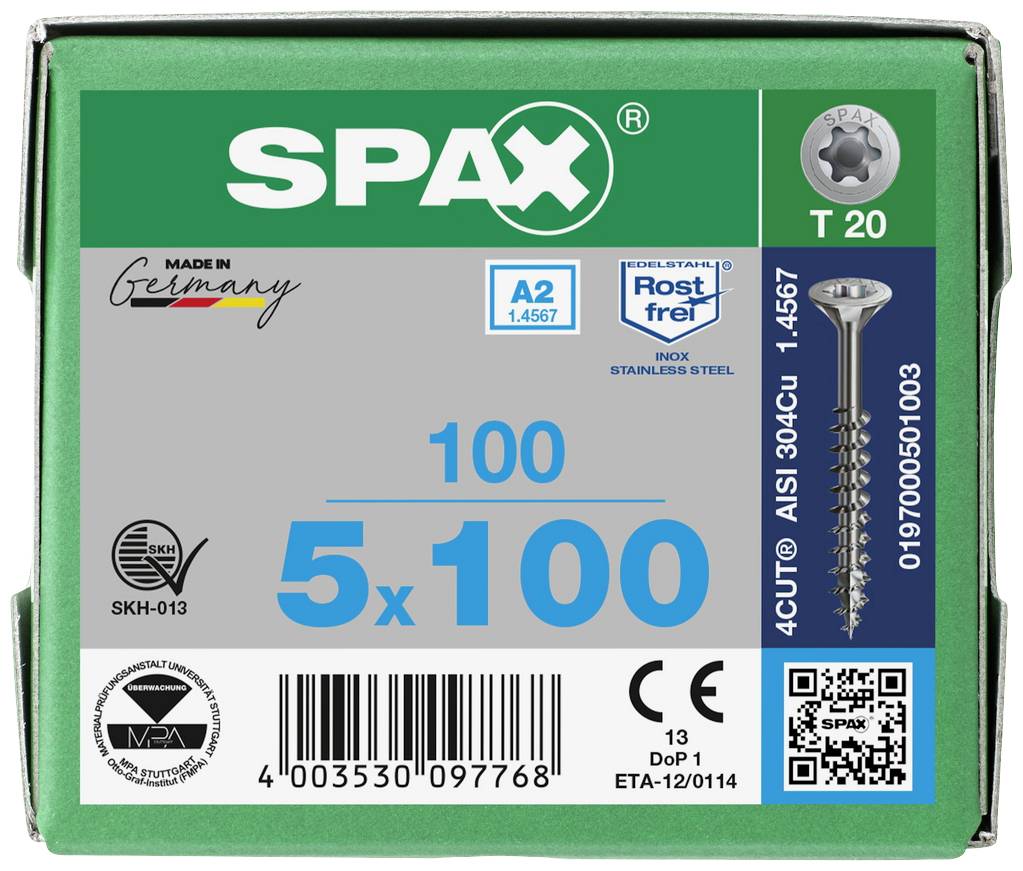Balenie skrutiek SPAX 5x100 mm, 100 kusov, T20, z nehrdzavejúcej ušľachtilej ocele, vyrobené v Nemecku, s QR kódom a produktovými informáciami.