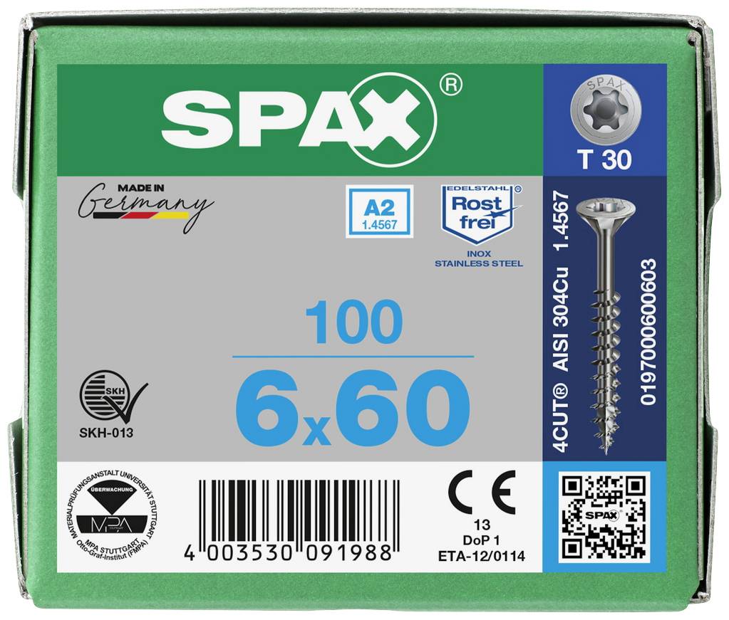 'SPAX balenie skrutiek: 100 nehrdzavejúcich oceľových skrutiek, 6x60 mm, T30, nerezové. Certifikácie: SKH-013, DoP1, ETA-12/0114.'
