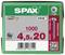 Balenie s 1000 skrutkami SPAX, veľkosť 4,5x20 mm. Obsahuje logá 'MADE IN Germany', 'WIROX', 'T20', QR kód, informácie o produkte.