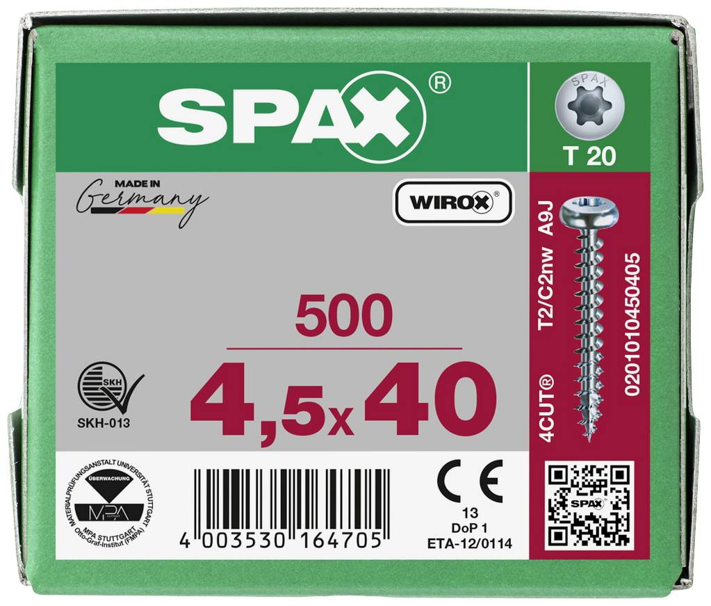 Škatuľa so skrutkami SPAX, veľkosť 4,5 x 40 mm. Obsahuje údaje: 'Made in Germany', 'WIROX', QR kód, čiarový kód a technické informácie.