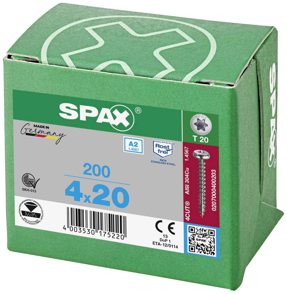 Zelený kartón s 200 SPAX skrutkami, 4x20 mm, nehrdzavejúce. Etiketa zobrazuje Made in Germany, T 20, A2, ako aj produktové informácie.