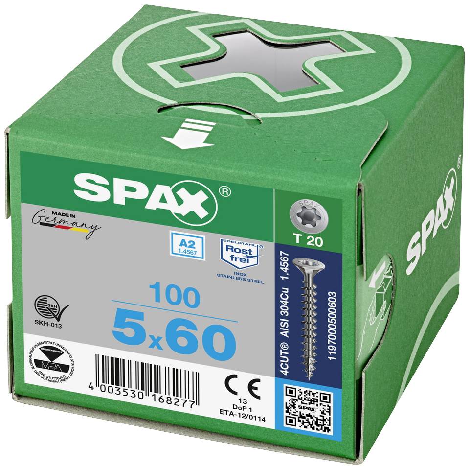 Zelený kartón so logom SPAX, obsahuje 100 skrutiek veľkosti 5x60 mm, nehrdzavejúcich, vnútorný šesťhran T20, pôvod 'Vyrobené v Nemecku'.