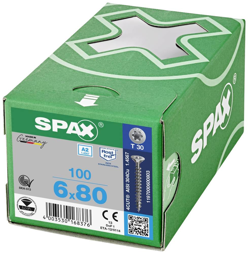 Zelený obal s nápisom 'SPAX', obsahuje 100 skrutiek, rozmery 6x80, vyrobené v Nemecku, nehrdzavejúce, s pohonom T30, špička 4CUT.