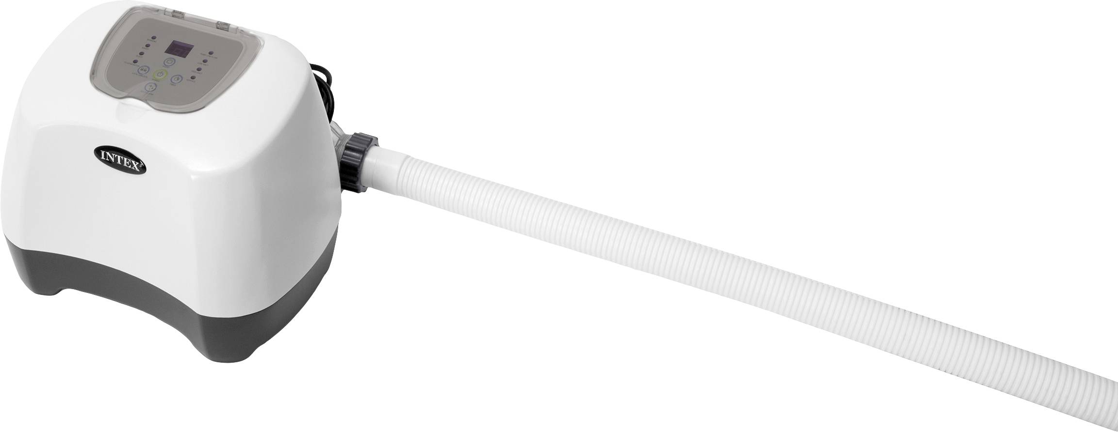 Biely elektrický bazénový filter s čiernou základňou, digitálnym displejom a dlhým hadicovým vedením, určený na čistú a filtrovanú vodu v bazéne.