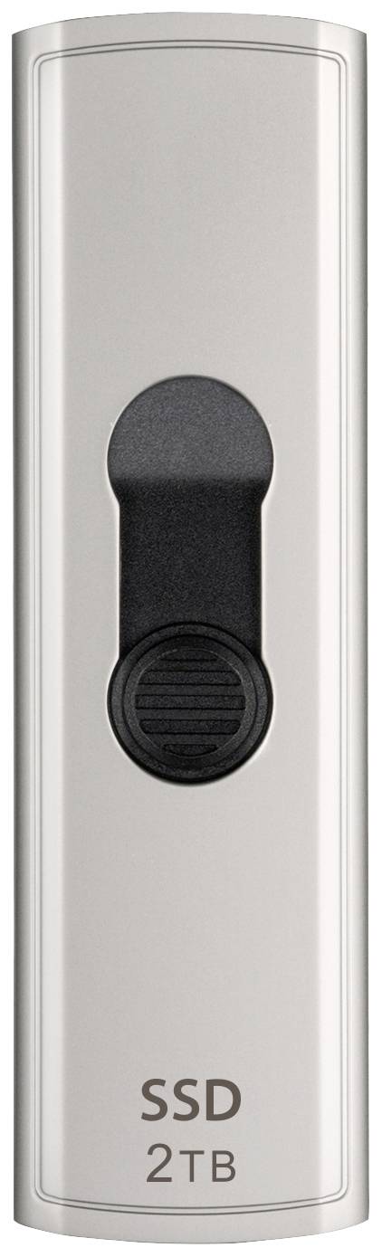 Strieborný SSD flash disk s čiernym posuvným ovládačom a nápisom 'SSD 2TB' dole.