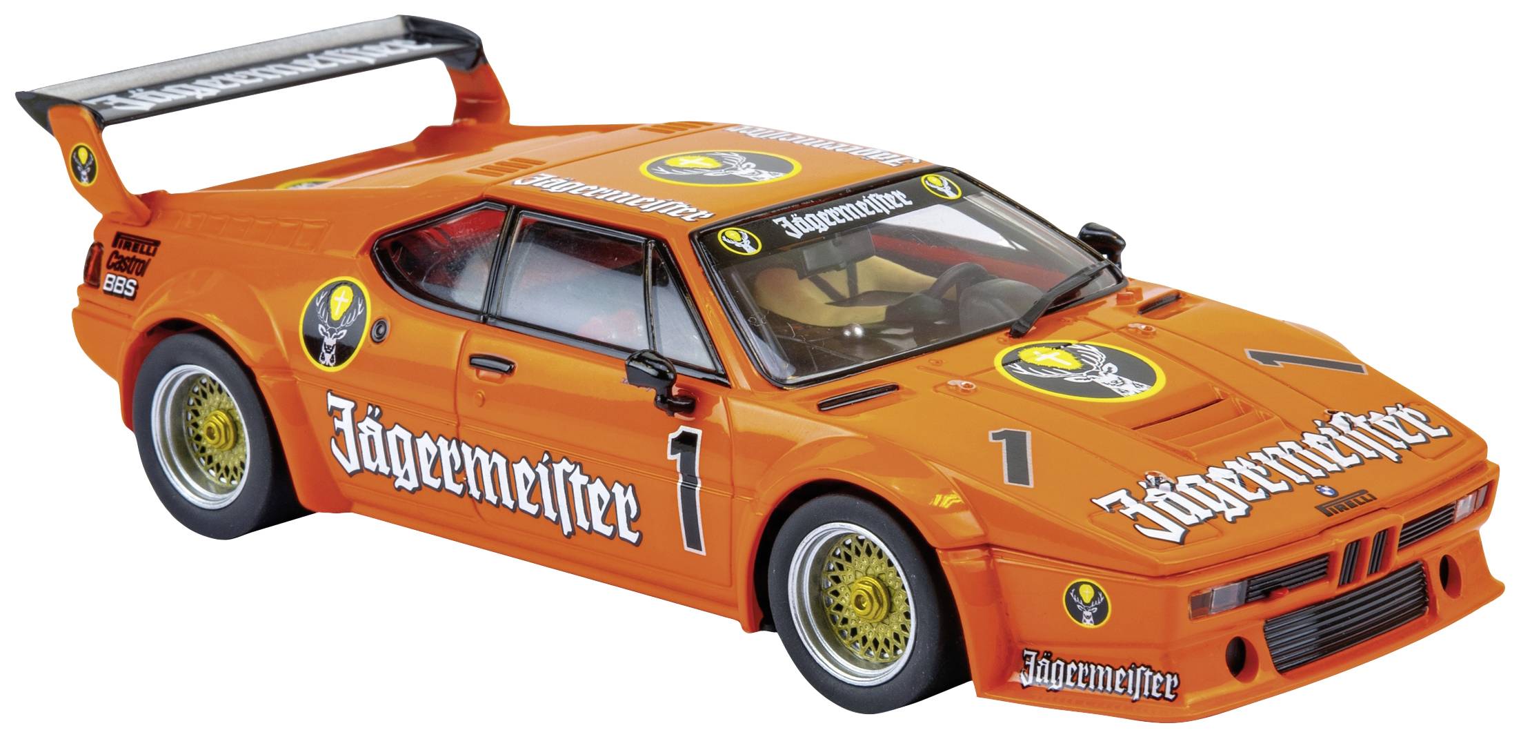 Oranžové pretekárske auto s logami Jägermeister stojí na bielom pozadí. Auto je modelové autíčko s krídlom na zadnej časti.