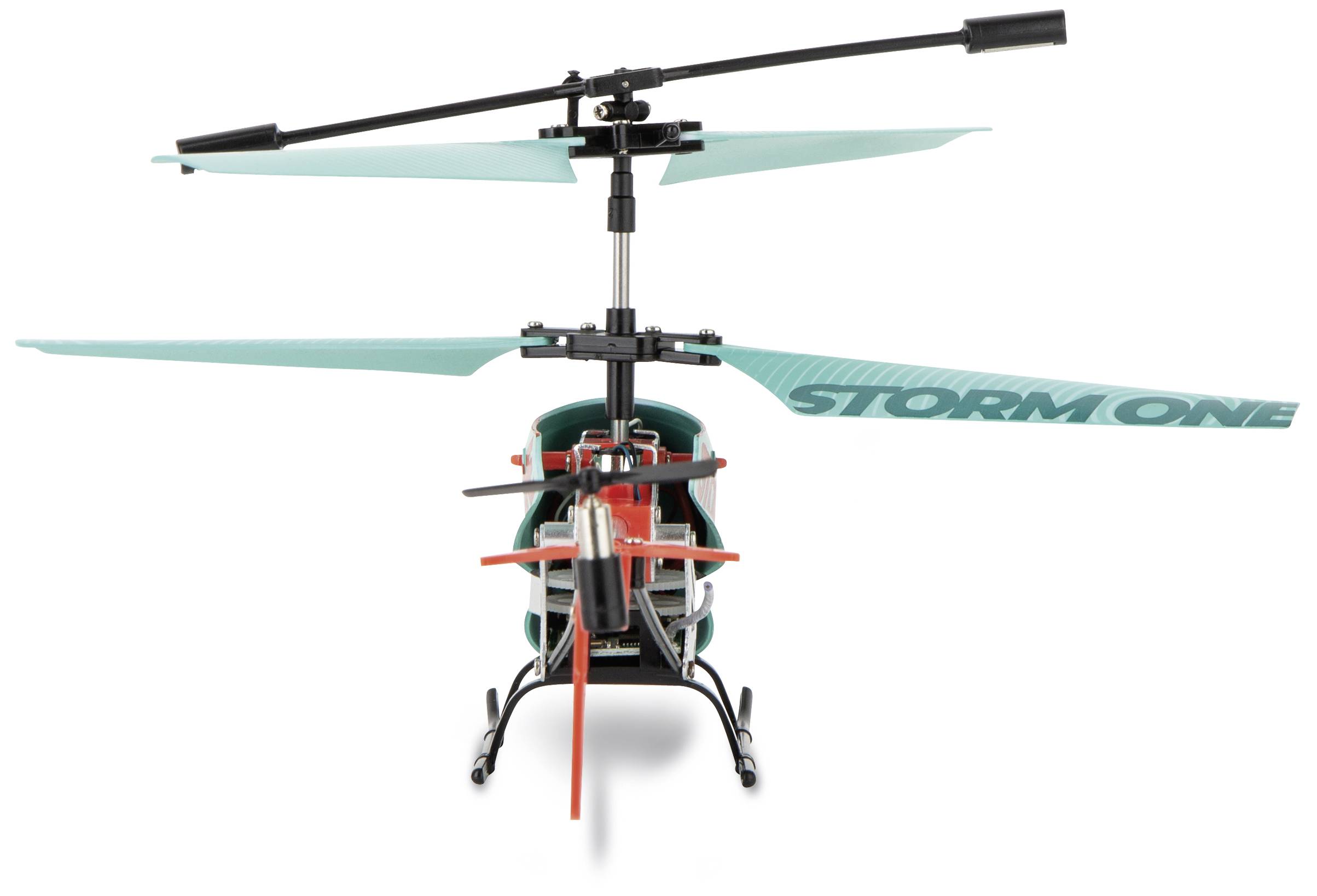 Diaľkovo ovládaná modelárska helikoptéra s modrozelenými rotornými listami, červeným trupom a nápisom 'Storm One' na rotoroch.