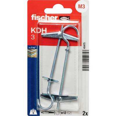 Balenie kovových skľúčovadiel Fischer KDH 3 M3 na stenu, zobrazené v červenom a priehľadnom maloobchodnom balení, označené „2x" a „max. 6 kg"