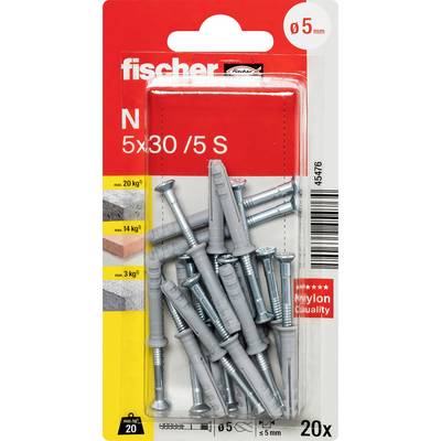 Balenie pre plastové zástrčky Fischer N 5x30 so 20 oceľovými skrutkami, zobrazujúce veľkosť ø5 mm a nosnosť až do 20 kg.