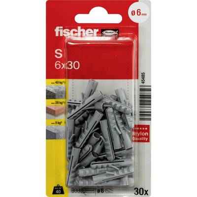 Balík Fischer dúbnych kotiev, veľkosť 6 x 30 mm, 30 kusov, na skrutkové upevnenie v murive a betóne, s nosnosťou uvedenou na prednej strane.