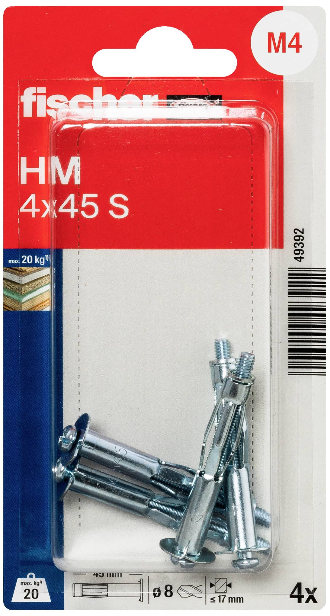 Balenie so štyrmi kovovými hmoždinkami Fischer HM 4x45 S do dutých priestorov, vhodné pre zaťaženie do 20 kg na hmoždinu, zobrazené v blistrovom obale.