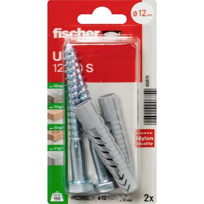 Balenie nylonových stenových zástrčiek Fischer a skrutiek, označené ø12 mm a 2x, určené na ťažké stenové upevnenie.