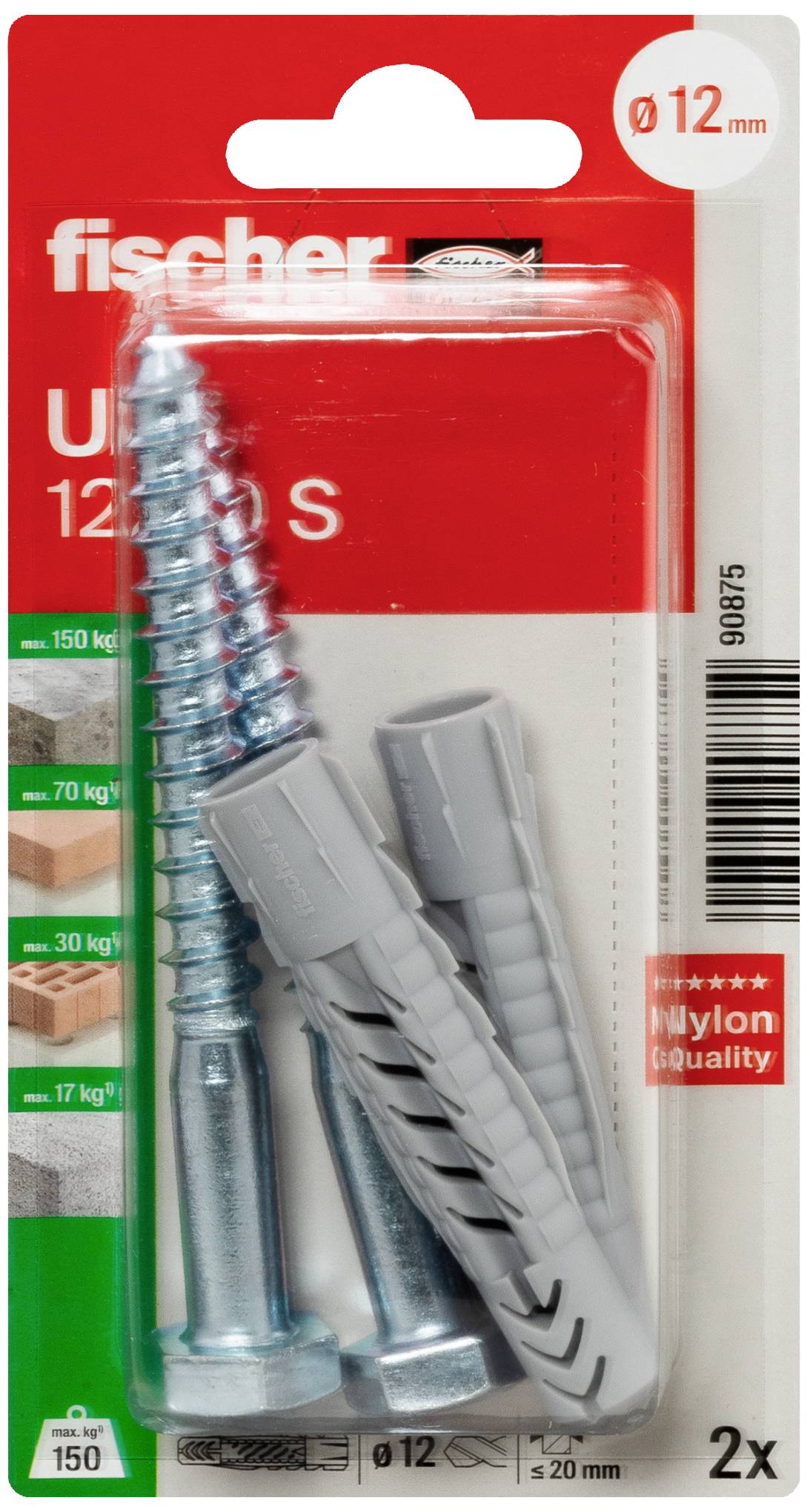 Blister balenie s dvoma kovovými svorníkmi a hmoždinkami na upevnenie do steny, značka Fischer, vhodné pre tehlovú, betónovú a dutinkovú stenu. Priemer: 12 mm.