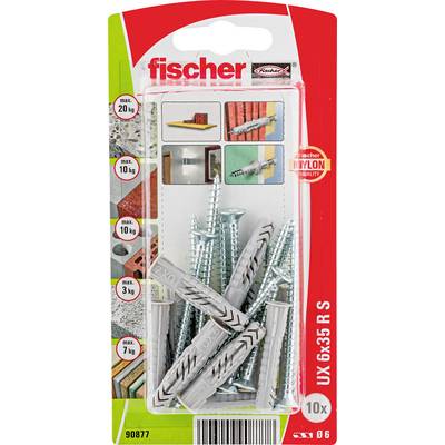 Balenie Fischer nylonových kotviacich skrutkoviek a skrutiek, označené UX 6x35 RS, s fotografiami produktu a ikonami nosnosti údajúcimi rôzne maximálne zaťaženia.