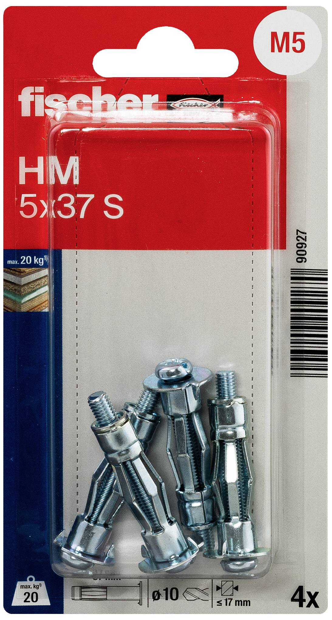 Balenie so štyrmi hmoždinkami Fischer HM 5x37 S do dutých priestorov, vhodné pre zaťaženie až do 20 kg, vyobrazené na červenej a modrej karte.