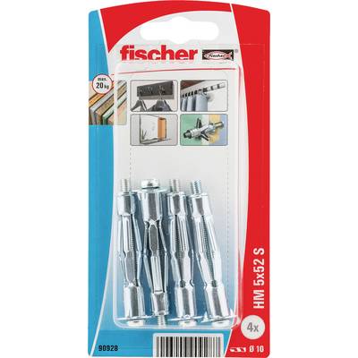 Balenie kotiev Fischer HM 5x52 S do kovových dutín, 4 kusy, max 20 kg, zobrazené s inštalačnými ilustráciami a kódom produktu 90928.