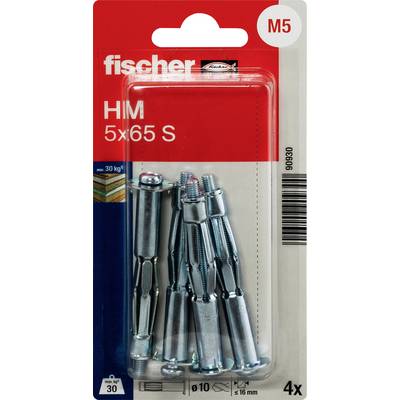 Balenie skrutkovacích hmoždí fischer HM 5x65 S M5 na dutinové steny, 4 kusy, zobrazené v blistrovom obale s kovovými hmoždami a hodnoteniami nosnosti.