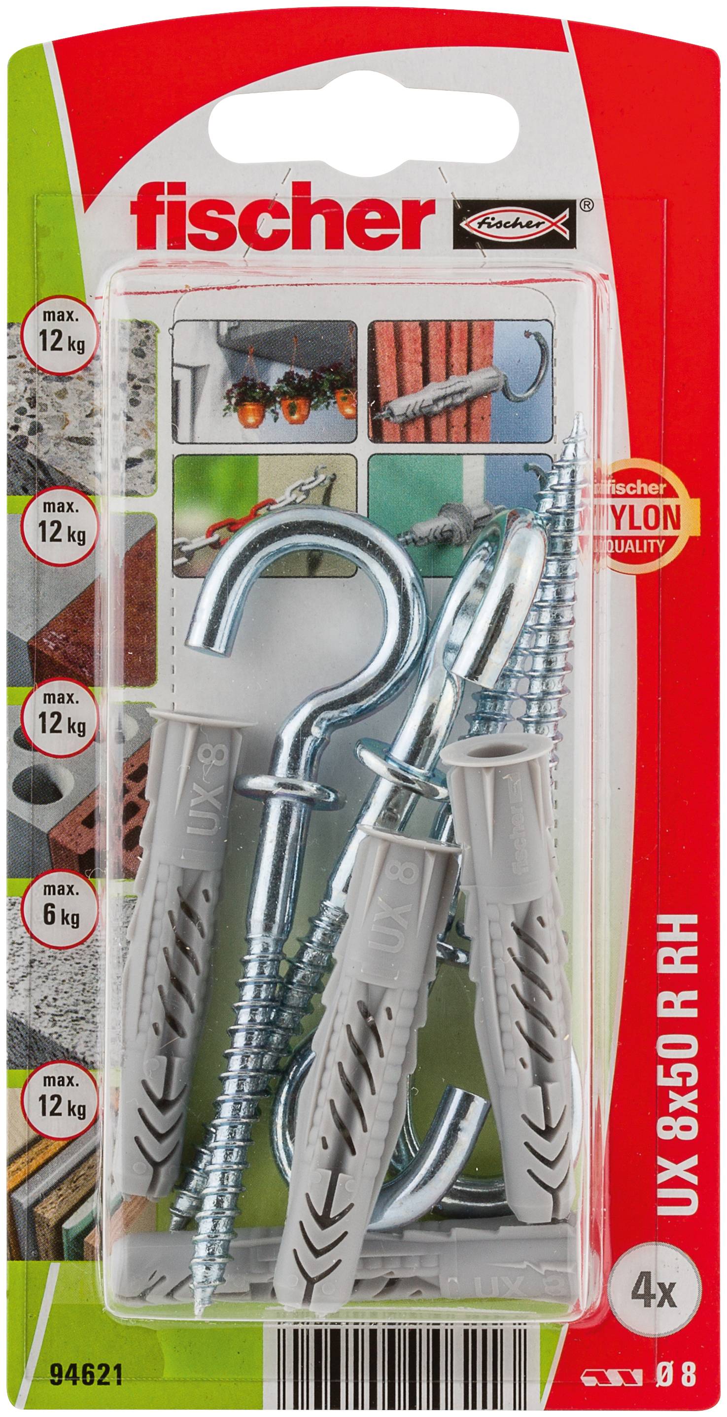 Balenie zástrčiek Fischer z nylonu na stenu, skrutiek a kovových háčikov označené UX 8x50 R RH, 4x, s ikonami maximálneho zaťaženia až 12 kg.