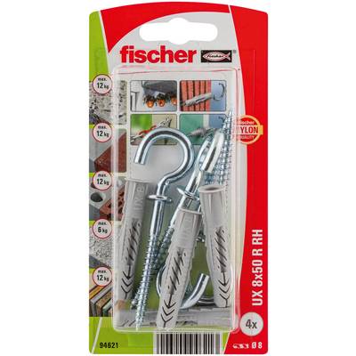 Balenie zástrčiek Fischer z nylonu na stenu, skrutiek a kovových háčikov označené UX 8x50 R RH, 4x, s ikonami maximálneho zaťaženia až 12 kg.