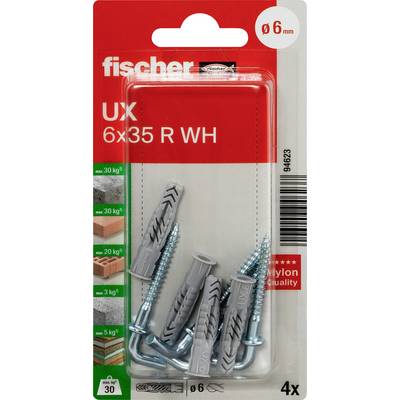 Balenie pre hmoždinky fischer UX 6x35 R WH do steny, zobrazujúce 4 sivé nylonové kotvy so skrutkami pre otvory 6 mm.