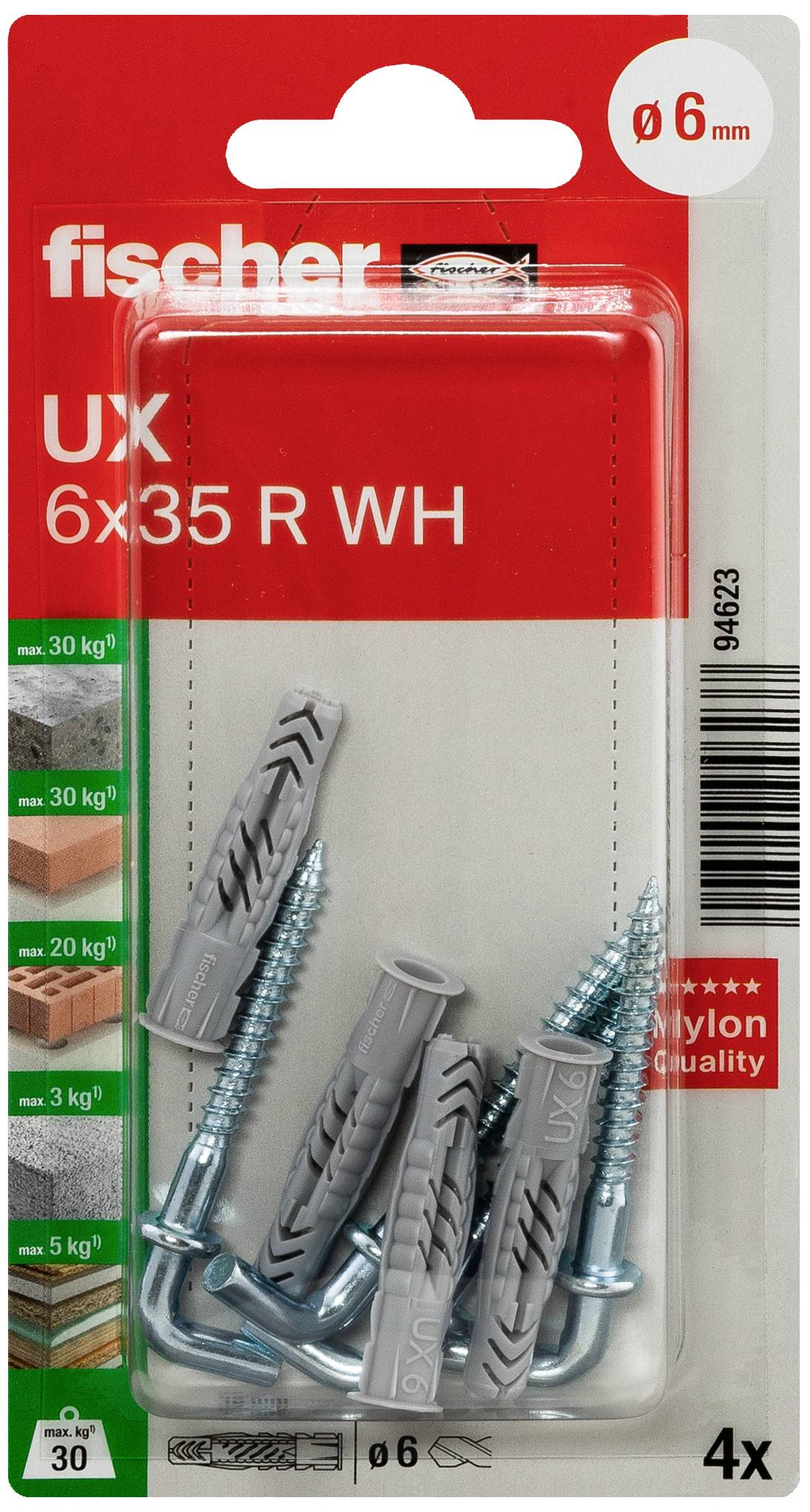 Balenie s hmoždinkami a skrutkami Fischer UX 6x35 R WH, vhodné pre rôzne materiály. Nosnosť až do 30 kg.