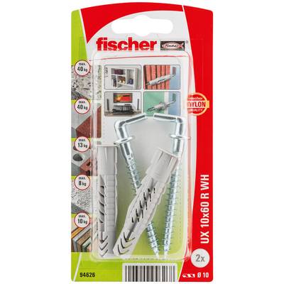 Balenie pre nylonové kotvy na stenu Fischer UX, zobrazujúce dva biele kotvy so skrutkami; označené UX 10x60 R WH, 2x, maximálne zaťaženie 8-40 kg.