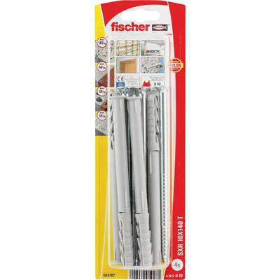 Balenie nylonových hmoždiniek do steny Fischer SXR, 10 x 140 mm, 4 kusy, zobrazené v blistrovom balení s obrázkami produktu a ikonami zaťaženia.