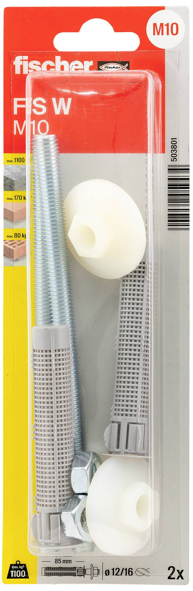 Balenie obsahuje dva Fischer hmoždinky FIS W M10 vrátane skrutiek a matíc. Na obale sú znázornené montážne detaily.