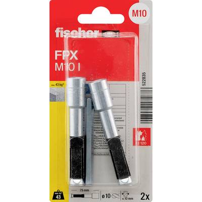 Balenie dvoch kovových kotiev Fischer FIPX M10I v priehľadnom blistrovom balení, označené M10, 75 mm a 2x.