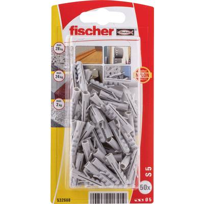 Balenie nylonových hmoždiniek Fischer, 50 kusov, veľkosť 5, s nosnosťou až 28 kg, 24 kg a 2 kg uvedenou na prednej strane.