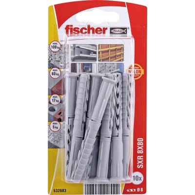 Balenie plastových skľučov Fischer SXR 8x80 na stenu, balenie 10 kusov, s uvedenými nosnosťami do max. 100 kg, 60 kg, 17 kg a 5 kg.