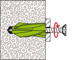 Diagram znázorňuje zelený hmoždinkový svorník v stene. Zadná časť hmoždinky sa aktivuje otáčaním skrutky.