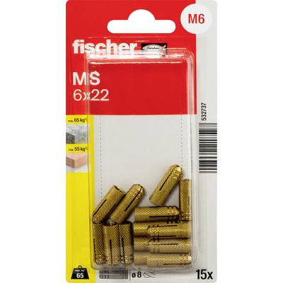 Balík kotiev Fischer MS z kovu, veľkosť 6x22, M6, 15 kusov, so zlatofarbenými kotvami viditeľnými v čírom blistrovom balení.