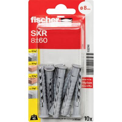Balenie sivých plastových zástrčiek Fischer SXR 8x60, 10 kusov, pre otvory 8 mm, s uvedením nosnosti na prednej strane.